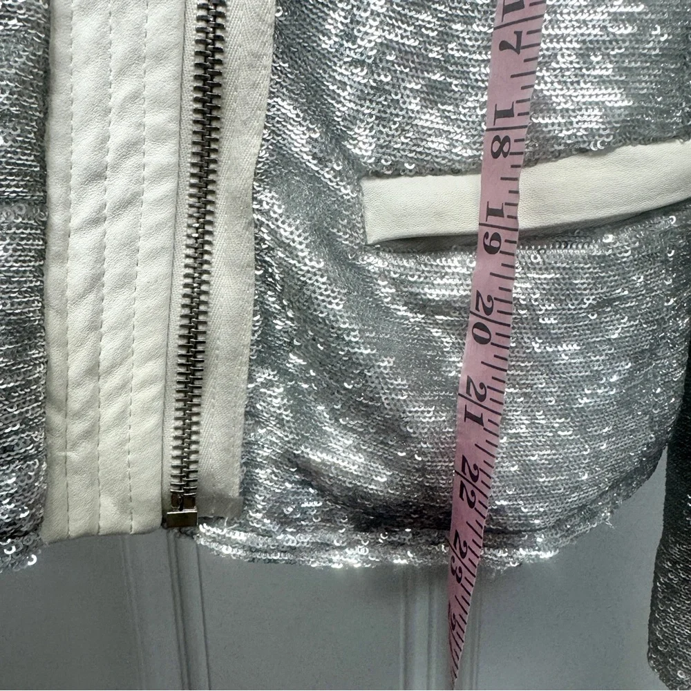 IRO Paris Silver Sequin "Hadley" Moto Blazer with White Leather - Picture 10 of 16